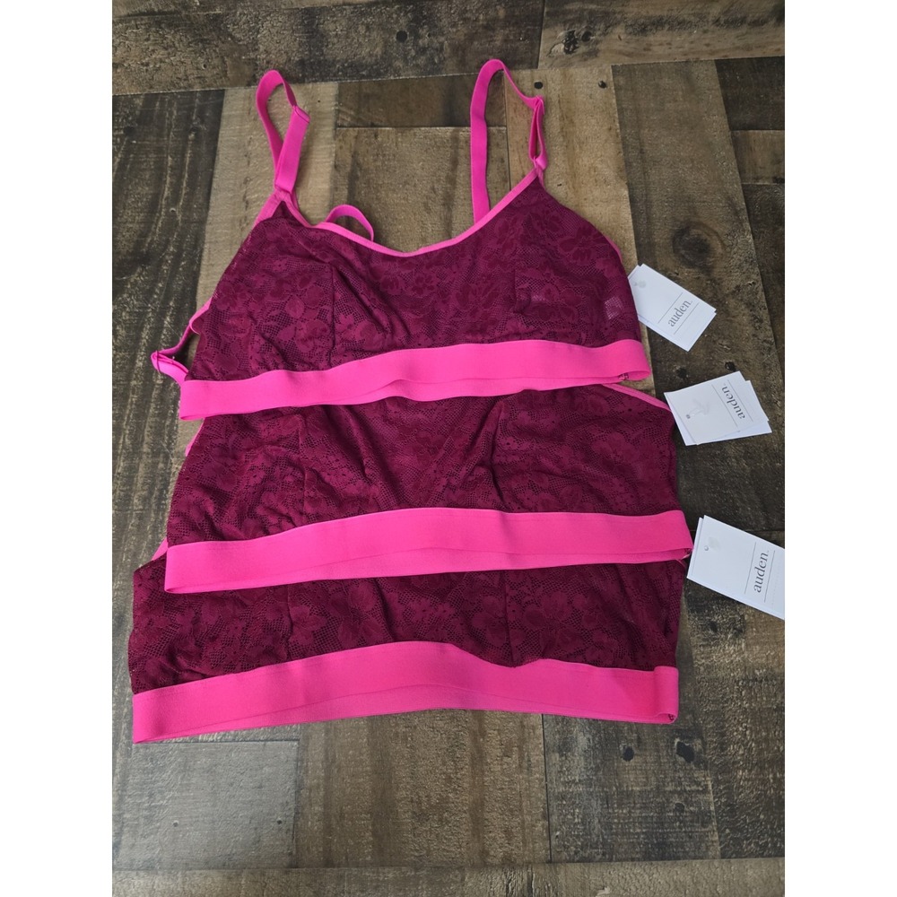 Lot Of 3 Auden Lightly Lined Scoop Neck Bralette Pink Lace Adjustable Medium